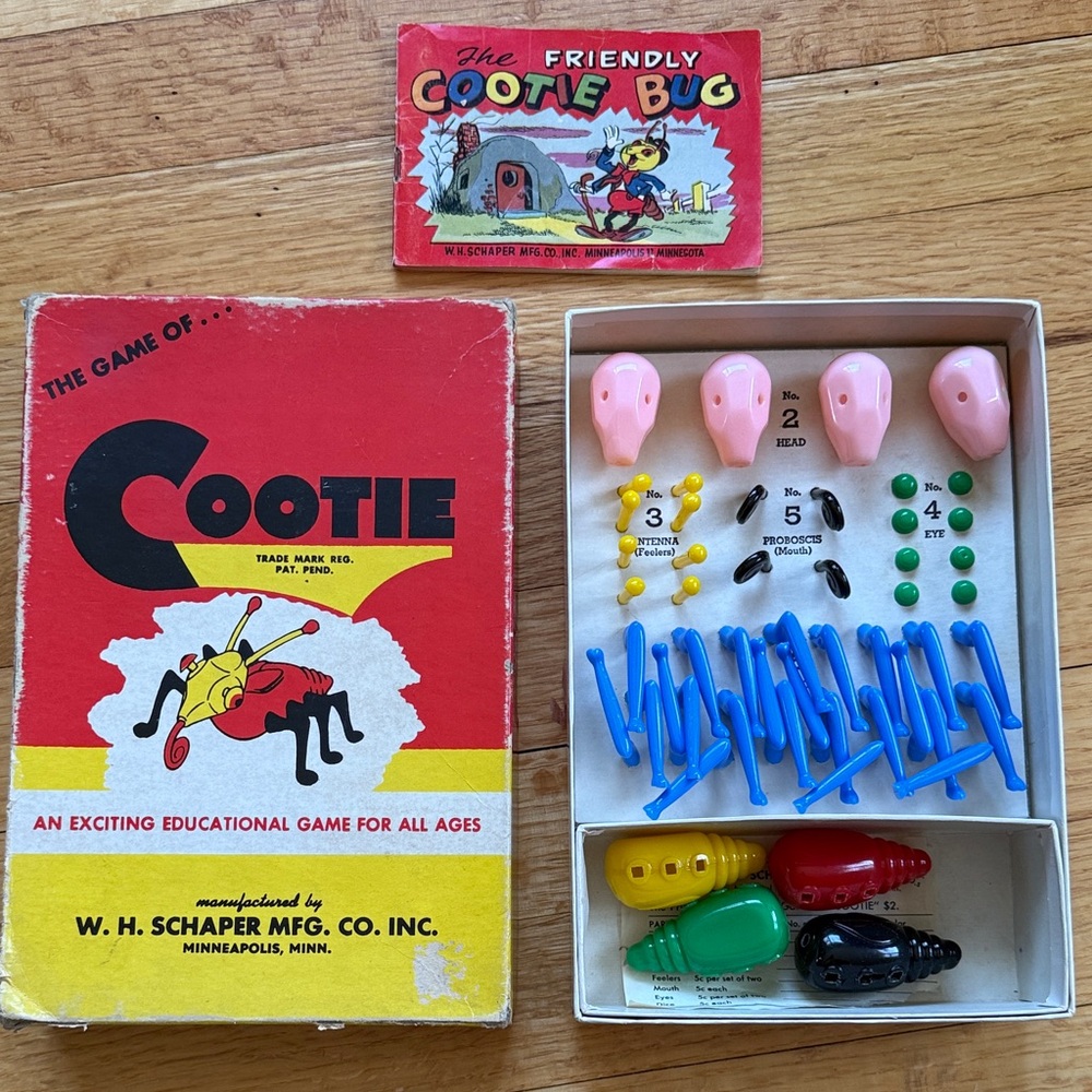 The Game of Cootie, 1949 educational game of building Cootie bugs, Made in MN